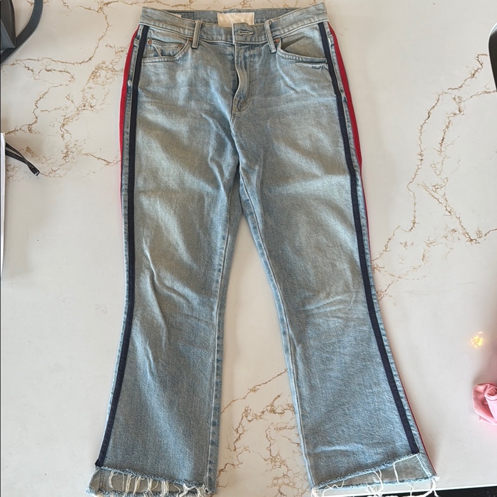 Women's Light Blue Jeans with Red and Blue Stripes